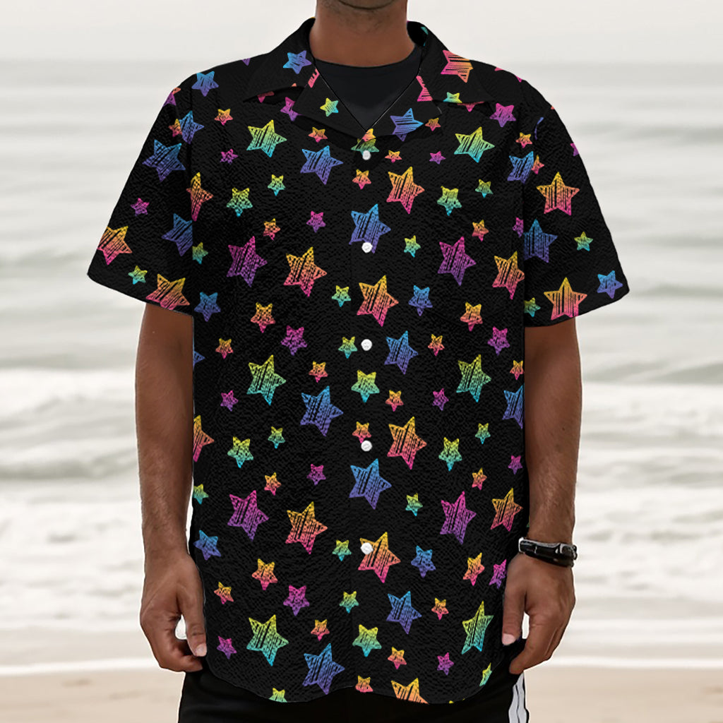 Rainbow Stars Pattern Print Textured Short Sleeve Shirt