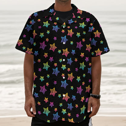 Rainbow Stars Pattern Print Textured Short Sleeve Shirt