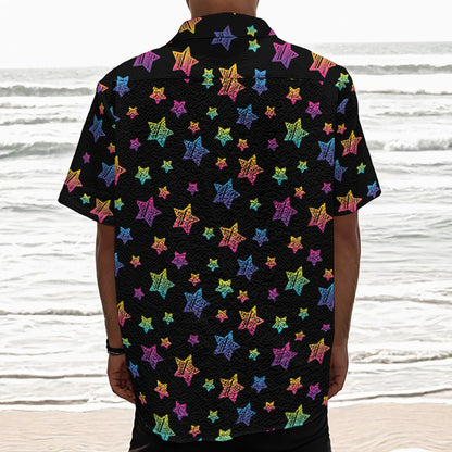 Rainbow Stars Pattern Print Textured Short Sleeve Shirt