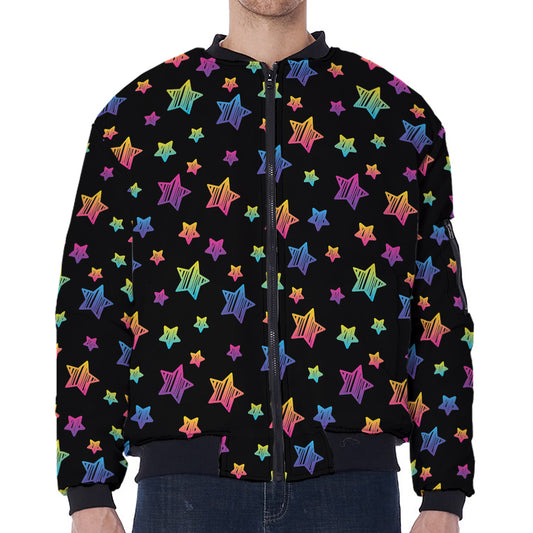 Rainbow Stars Pattern Print Zip Sleeve Bomber Jacket