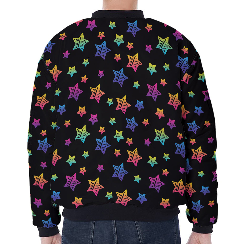 Rainbow Stars Pattern Print Zip Sleeve Bomber Jacket