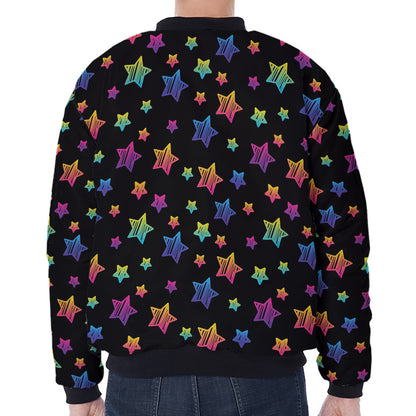 Rainbow Stars Pattern Print Zip Sleeve Bomber Jacket