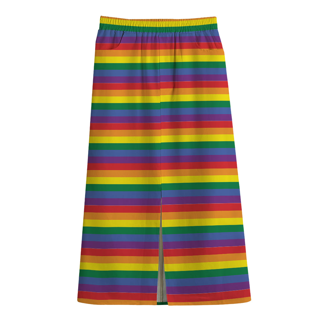 Rainbow Stripe Print Cotton Front Slit Maxi Skirt