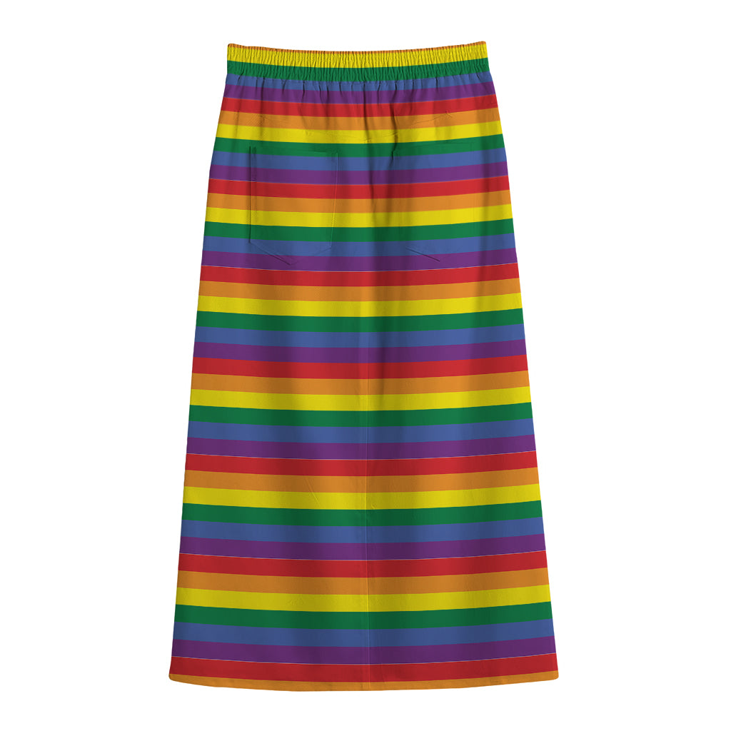 Rainbow Stripe Print Cotton Front Slit Maxi Skirt