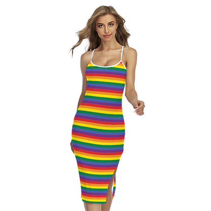 Rainbow Stripe Print Cross Back Cami Dress
