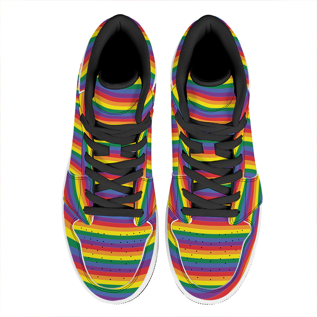 Rainbow Stripe Print High Top Leather Sneakers