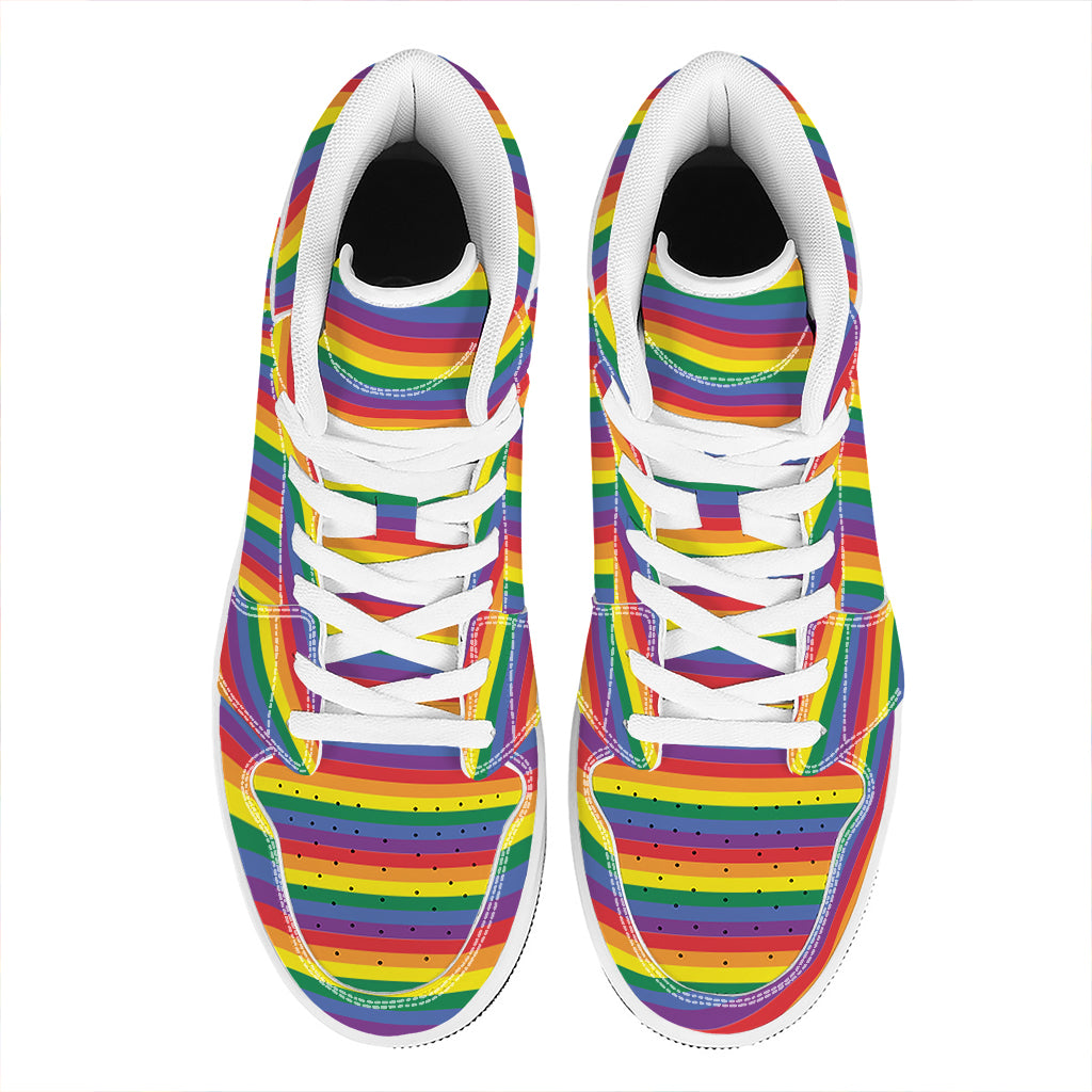 Rainbow Stripe Print High Top Leather Sneakers