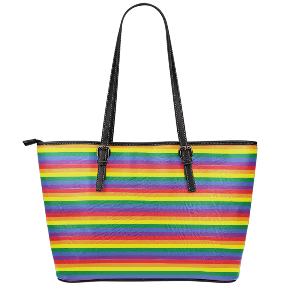 Rainbow Stripe Print Leather Tote Bag