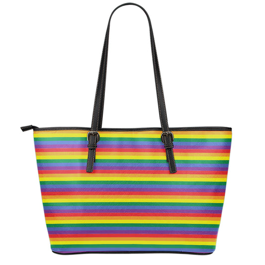 Rainbow Stripe Print Leather Tote Bag