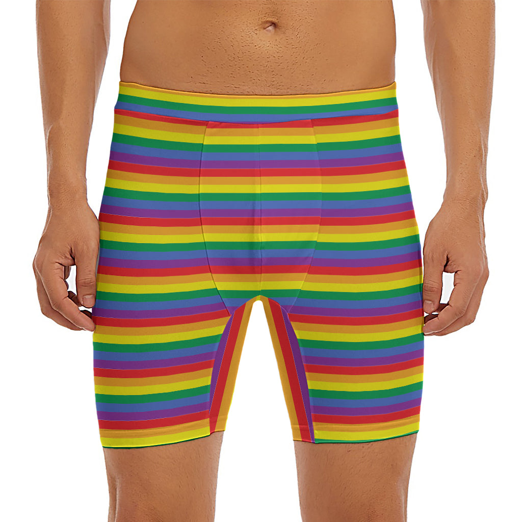 Rainbow Stripe Print Men's Long Boxer Briefs