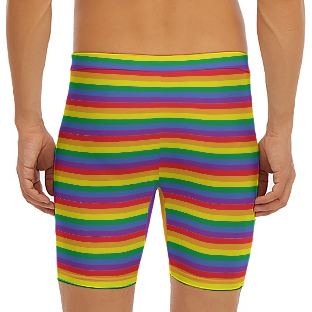 Rainbow Stripe Print Men's Long Boxer Briefs
