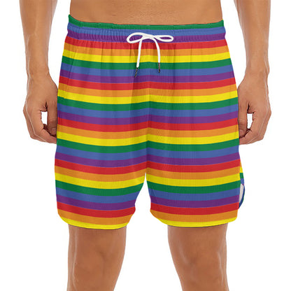 Rainbow Stripe Print Men's Split Running Shorts