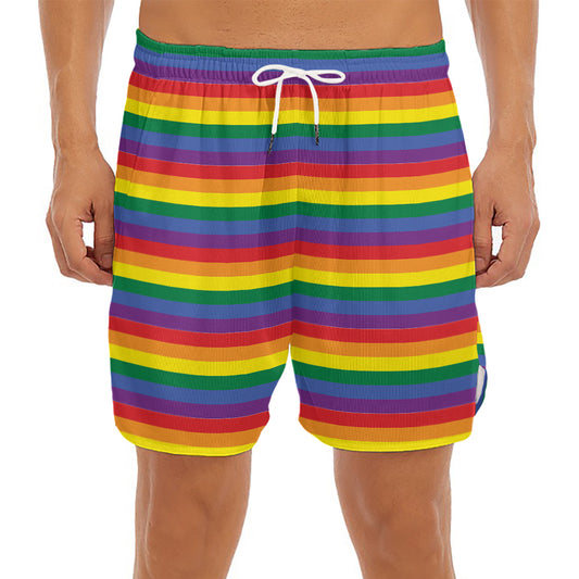 Rainbow Stripe Print Men's Split Running Shorts