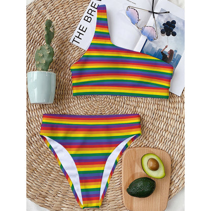 Rainbow Stripe Print One Shoulder Bikini Top