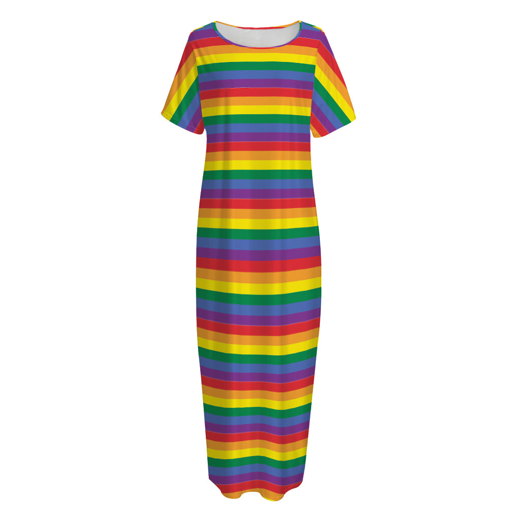 Rainbow Stripe Print Short Sleeve Long Nightdress