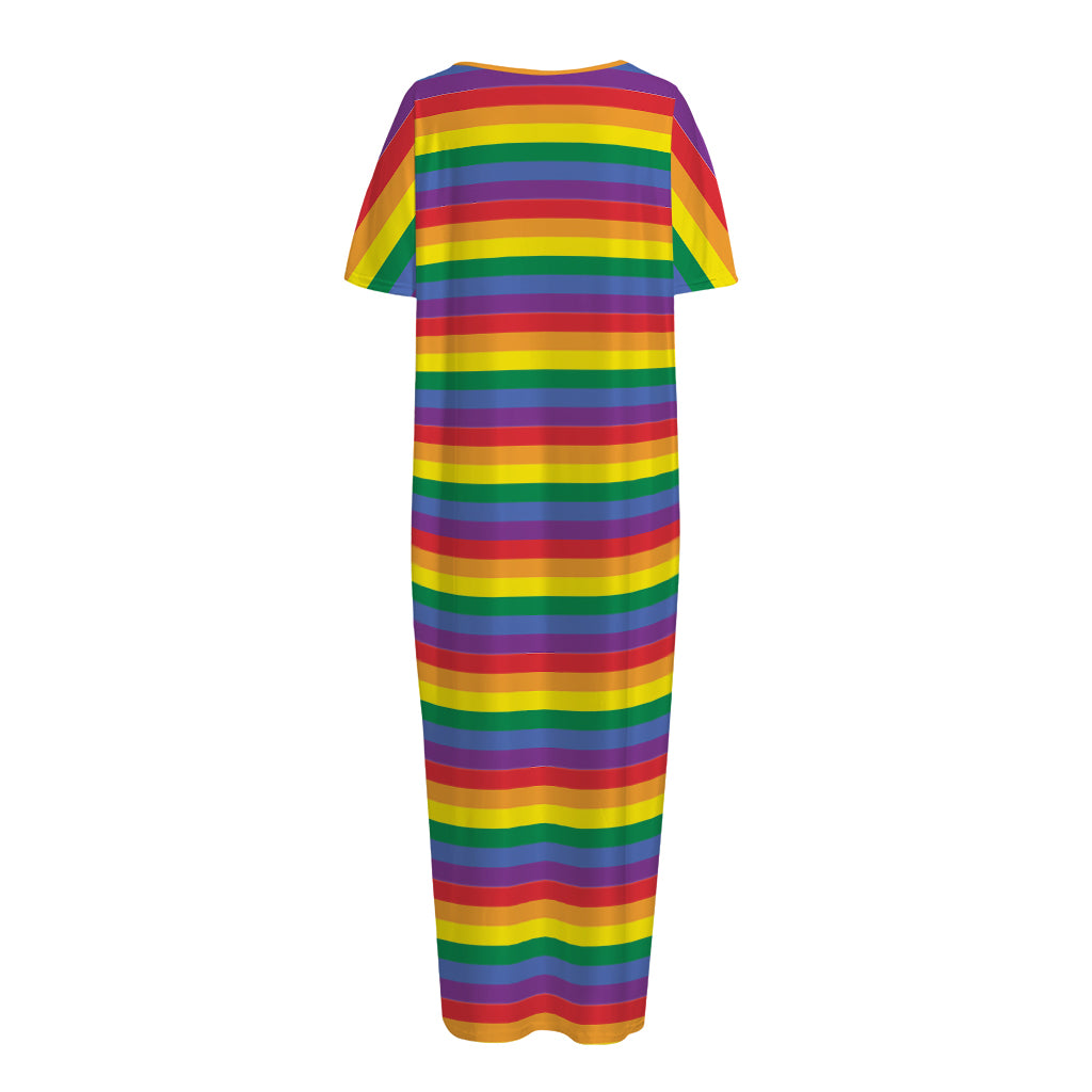 Rainbow Stripe Print Short Sleeve Long Nightdress