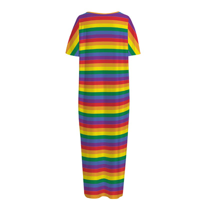 Rainbow Stripe Print Short Sleeve Long Nightdress