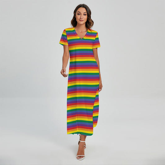 Rainbow Stripe Print Short Sleeve Maxi Dress