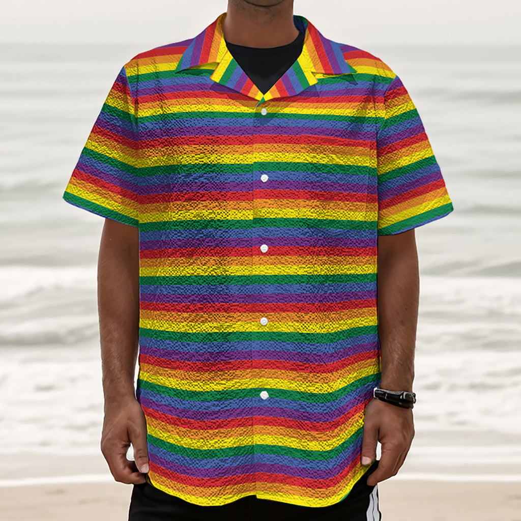 Rainbow Stripe Print Textured Short Sleeve Shirt