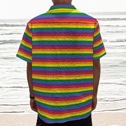 Rainbow Stripe Print Textured Short Sleeve Shirt