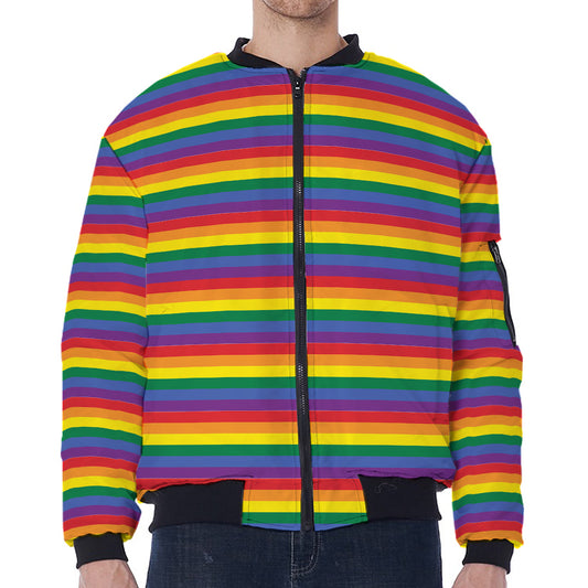 Rainbow Stripe Print Zip Sleeve Bomber Jacket