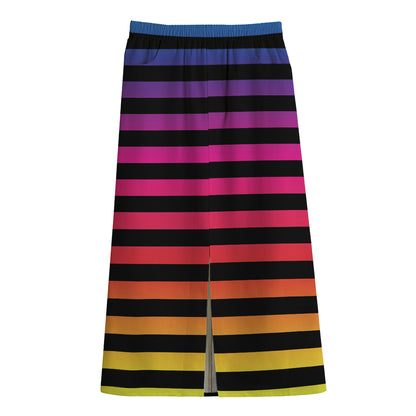 Rainbow Striped Pattern Print Cotton Front Slit Maxi Skirt