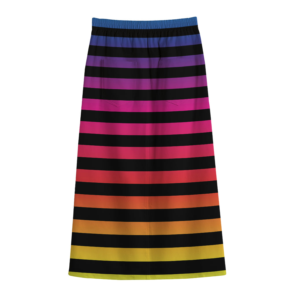 Rainbow Striped Pattern Print Cotton Front Slit Maxi Skirt