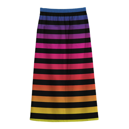 Rainbow Striped Pattern Print Cotton Front Slit Maxi Skirt