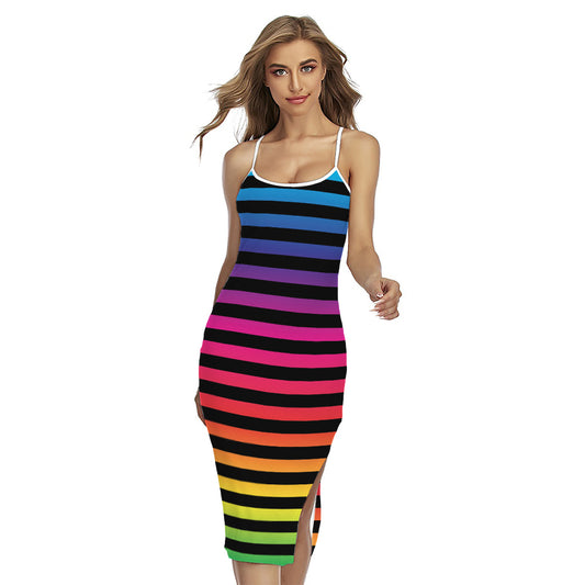 Rainbow Striped Pattern Print Cross Back Cami Dress