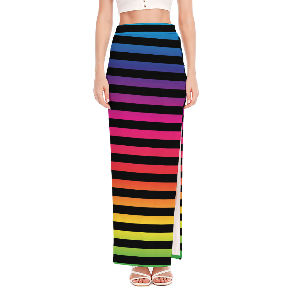 Rainbow Striped Pattern Print High Slit Maxi Skirt