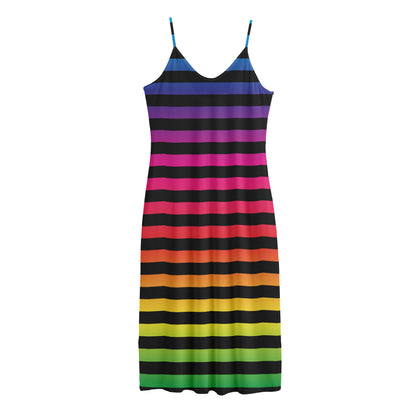 Rainbow Striped Pattern Print Jersey Midi Cami Dress