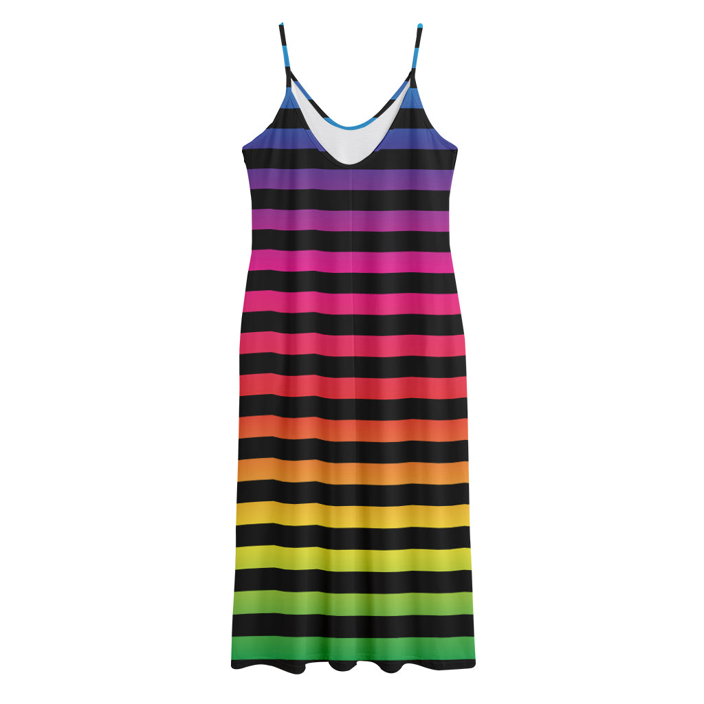 Rainbow Striped Pattern Print Jersey Midi Cami Dress