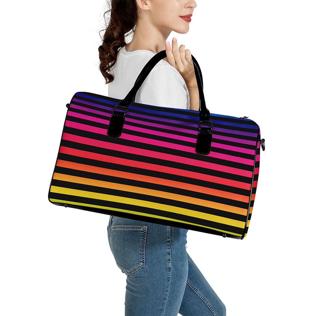 Rainbow Striped Pattern Print Leather Duffle Bag