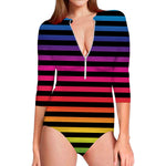 Rainbow Striped Pattern Print Long Sleeve Swimsuit
