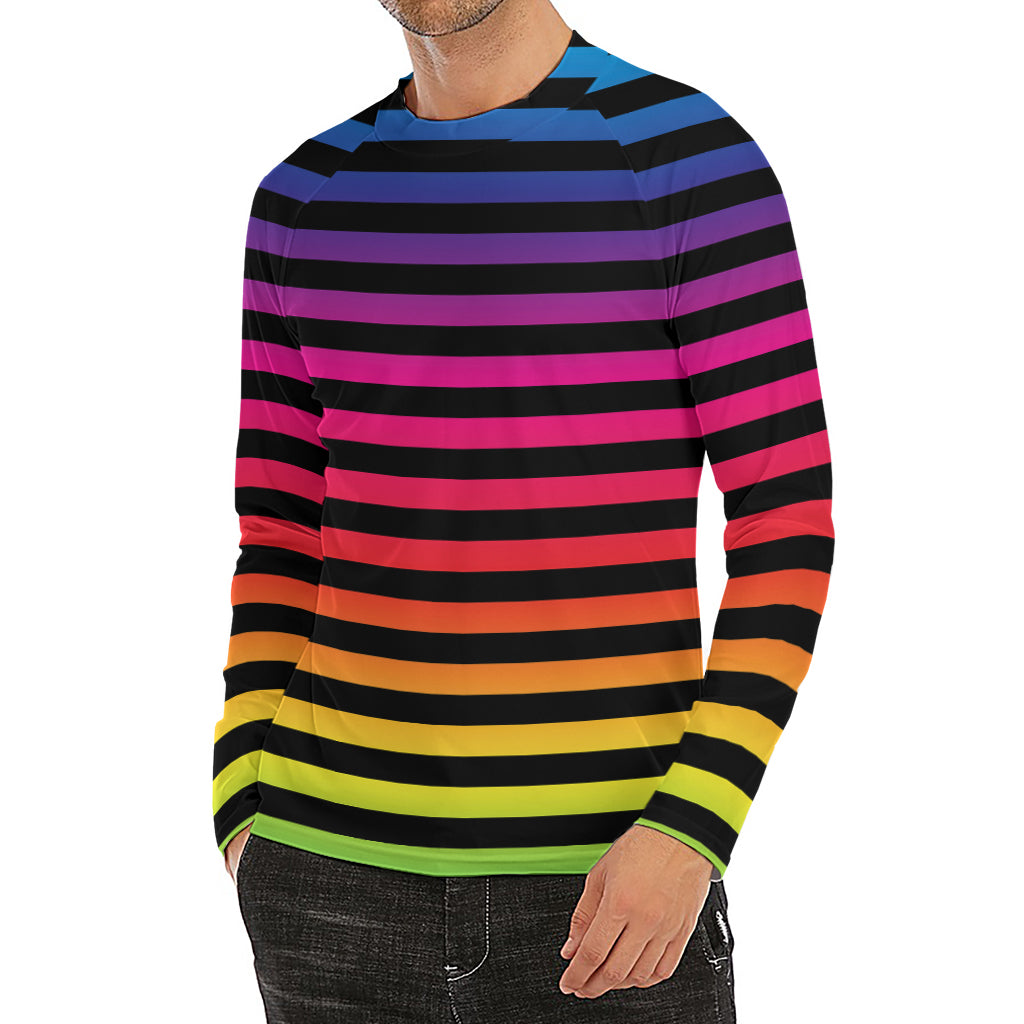 Rainbow Striped Pattern Print Men's Long Sleeve Rash Guard