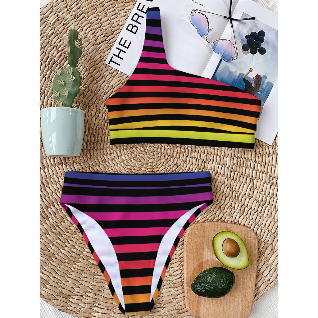 Rainbow Striped Pattern Print One Shoulder Bikini Top
