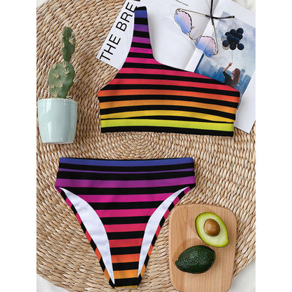 Rainbow Striped Pattern Print One Shoulder Bikini Top