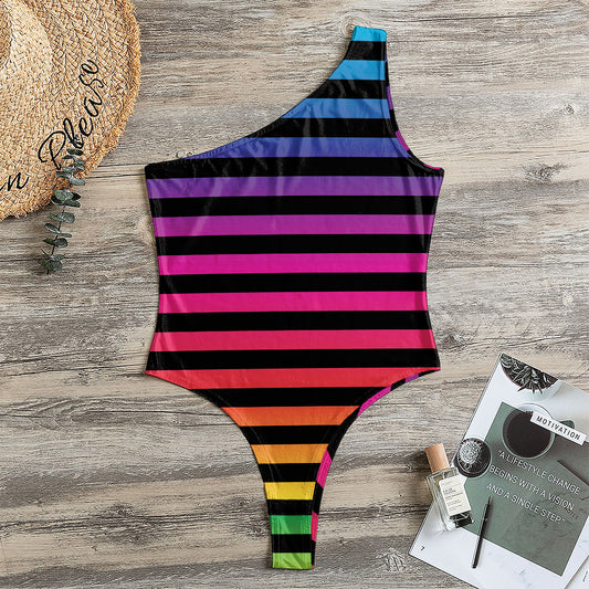 Rainbow Striped Pattern Print One Shoulder Bodysuit
