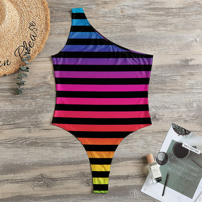 Rainbow Striped Pattern Print One Shoulder Bodysuit