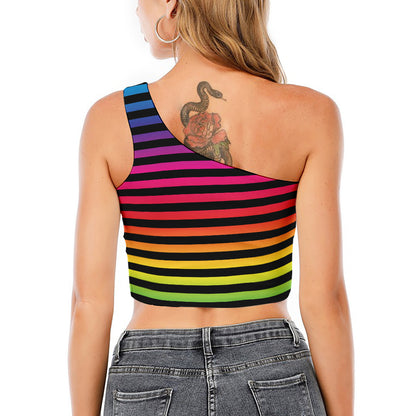 Rainbow Striped Pattern Print One Shoulder Crop Top