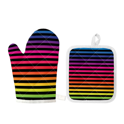 Rainbow Striped Pattern Print Oven Mitt And Pot Holder Set
