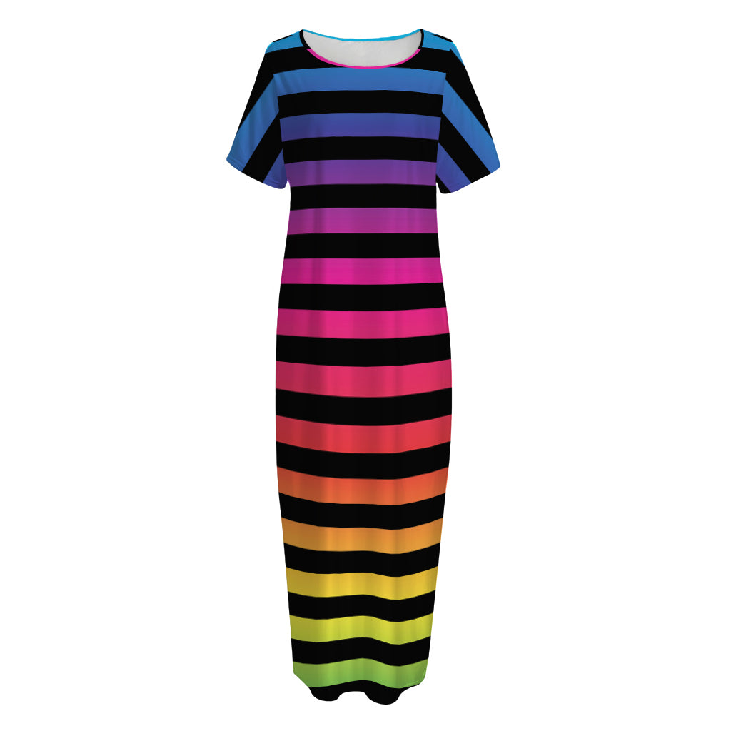 Rainbow Striped Pattern Print Short Sleeve Long Nightdress