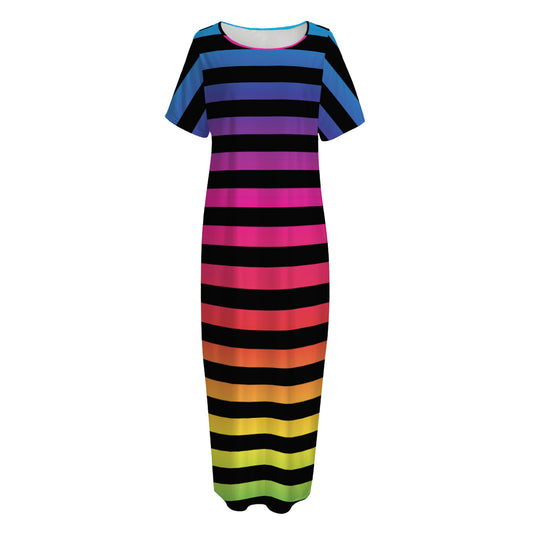 Rainbow Striped Pattern Print Short Sleeve Long Nightdress
