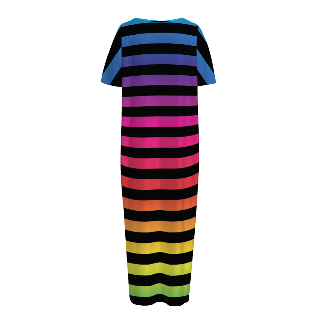 Rainbow Striped Pattern Print Short Sleeve Long Nightdress