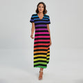 Rainbow Striped Pattern Print Short Sleeve Maxi Dress