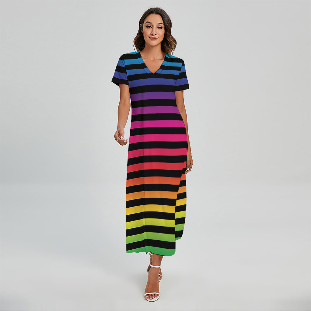 Rainbow Striped Pattern Print Short Sleeve Maxi Dress