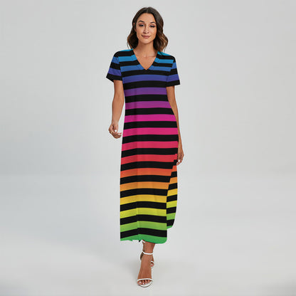 Rainbow Striped Pattern Print Short Sleeve Maxi Dress