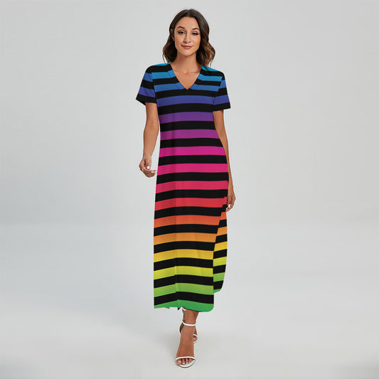 Rainbow Striped Pattern Print Short Sleeve Maxi Dress