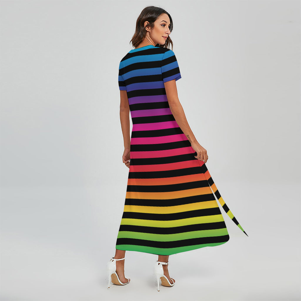 Rainbow Striped Pattern Print Short Sleeve Maxi Dress
