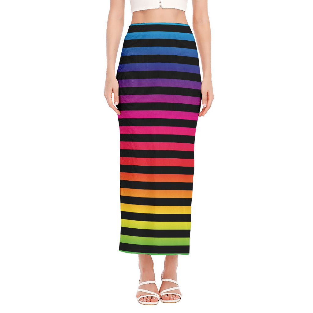 Rainbow Striped Pattern Print Side Slit Maxi Skirt